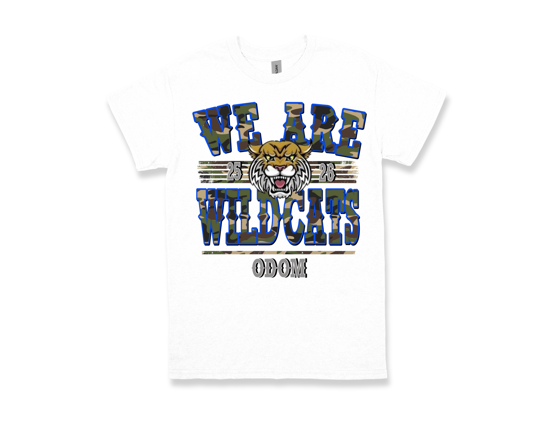 White ODOM We Are Wildcats school spirit t-shirt with wildcat graphic and camo text design