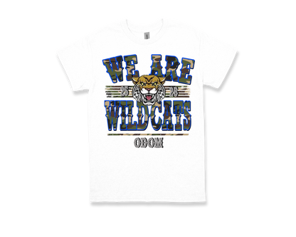 White ODOM We Are Wildcats school spirit t-shirt with wildcat graphic and camo text design
