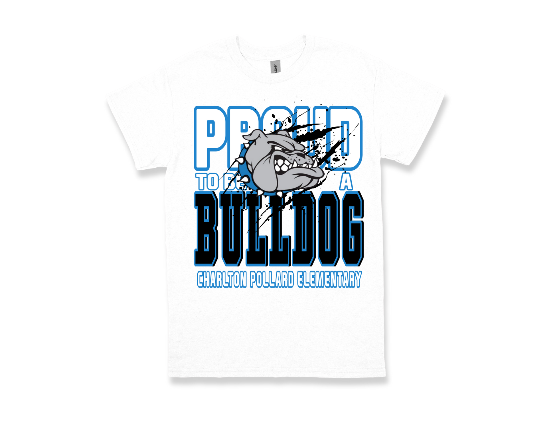 Charlton Pollard Proud to Be a Bulldog white school spirit t-shirt with bulldog mascot design