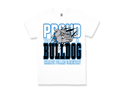 Charlton Pollard Proud to Be a Bulldog white school spirit t-shirt with bulldog mascot design