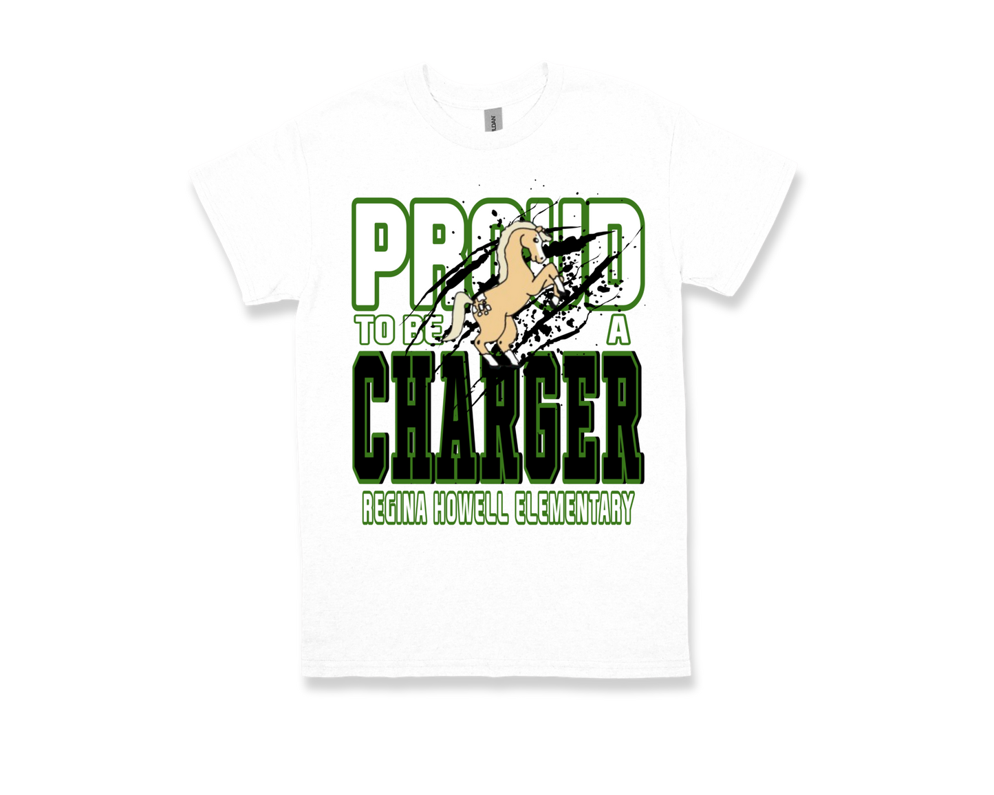 White Regina Howell-PROUD TO BE A CHARGER t-shirt with green and black text and a horse graphic