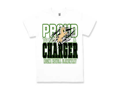 White Regina Howell-PROUD TO BE A CHARGER t-shirt with green and black text and a horse graphic