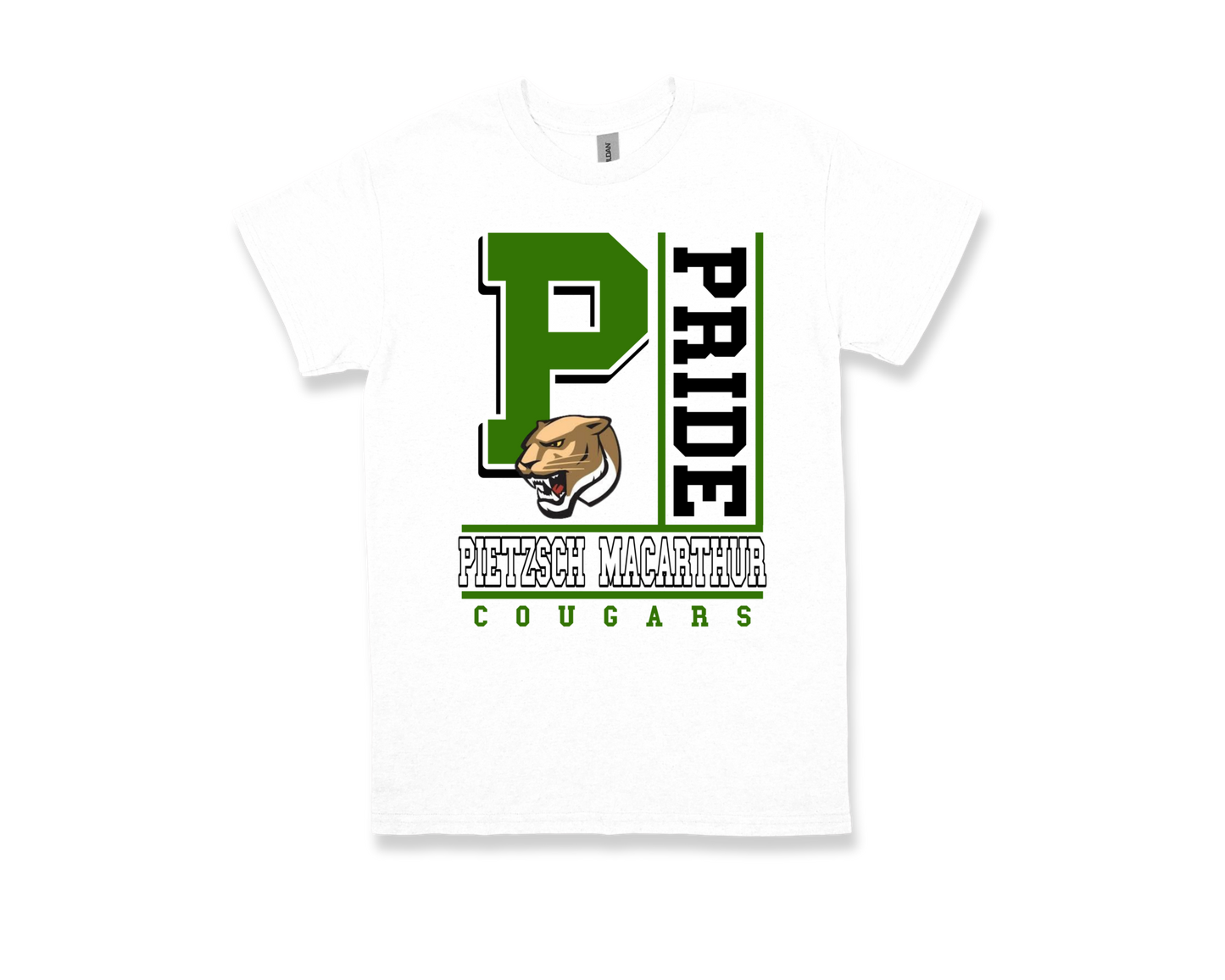 Pietzsch MacArthur-PRIDE shirt white with green P, cougar logo, and school spirit text