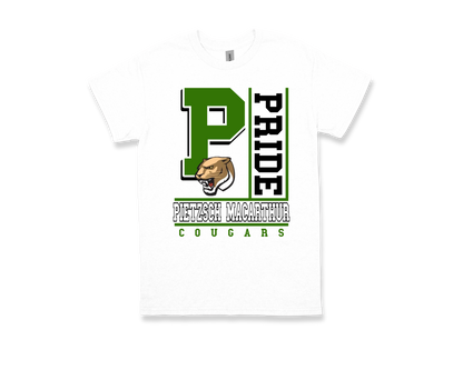 Pietzsch MacArthur-PRIDE shirt white with green P, cougar logo, and school spirit text