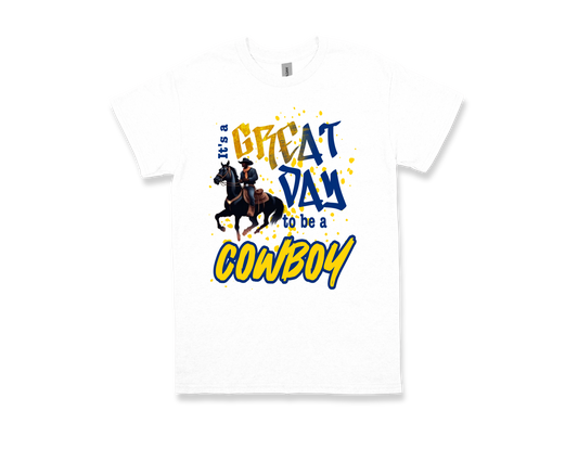 Roy Guess GREAT DAY TO BE A COWBOY white shirt with cowboy graphic and bold text design
