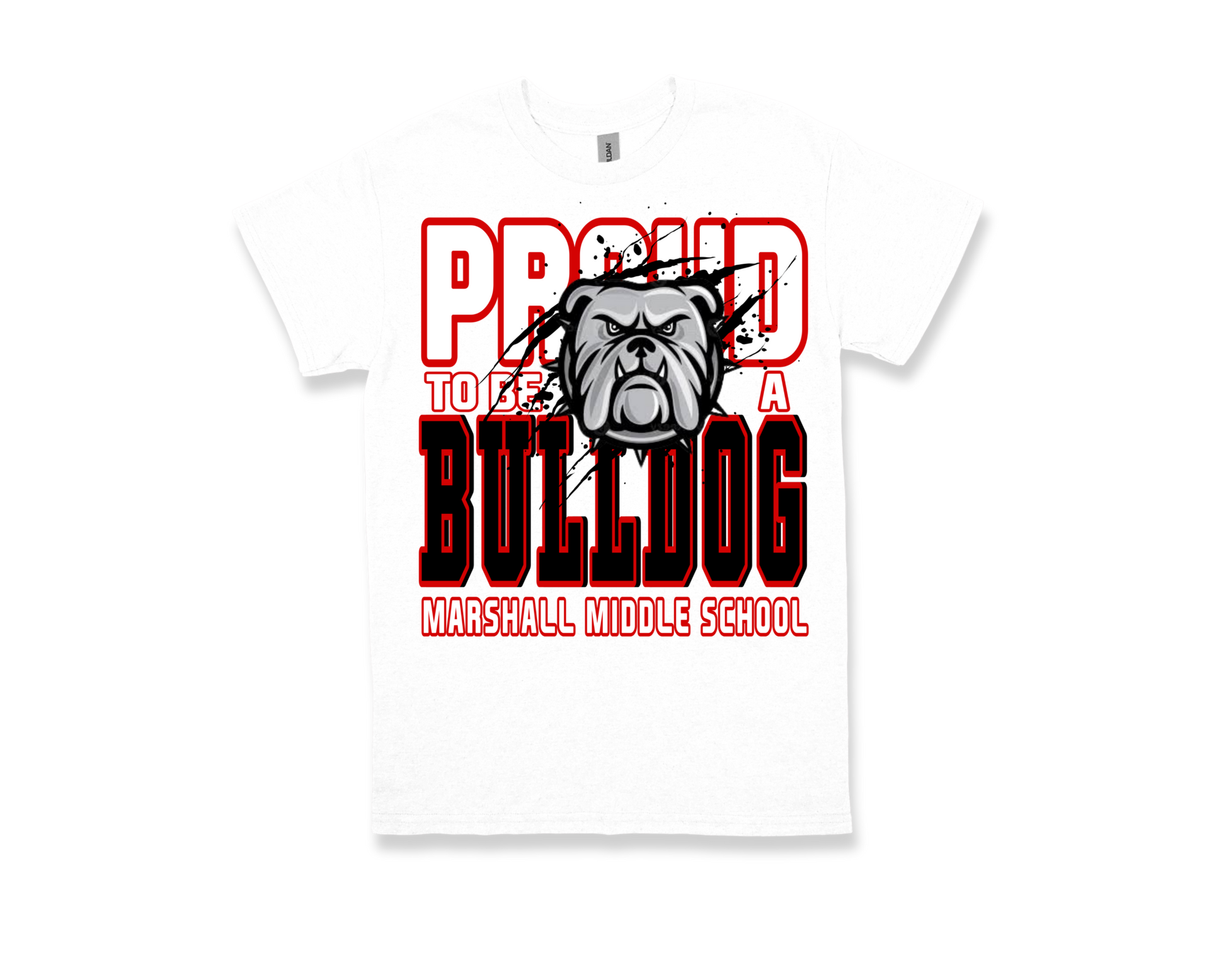 Marshall Bulldog school spirit white t-shirt with "Proud to be a Bulldog" text and mascot design