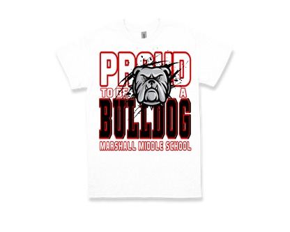 Marshall Bulldog school spirit white t-shirt with "Proud to be a Bulldog" text and mascot design