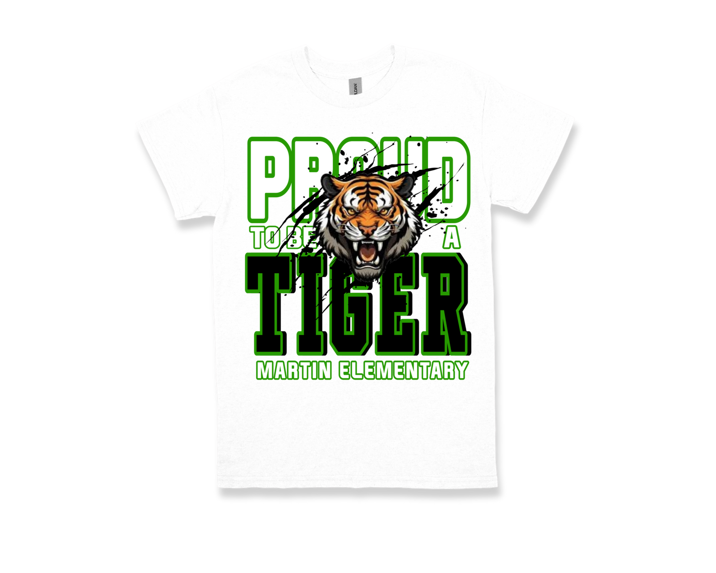 Martin-PROUD TO BE A TIGER white shirt with aggressive tiger and green text for Martin Elementary school pride