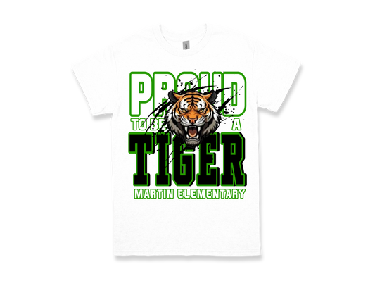 Martin-PROUD TO BE A TIGER white shirt with aggressive tiger and green text for Martin Elementary school pride