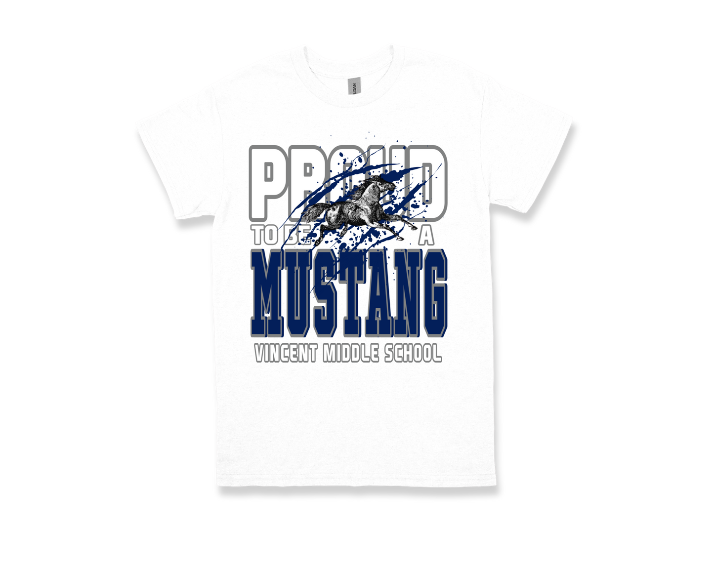 White VINCENT- PROUD TO BE AN MUSTANG t-shirt with blue and grey text and mustang graphic