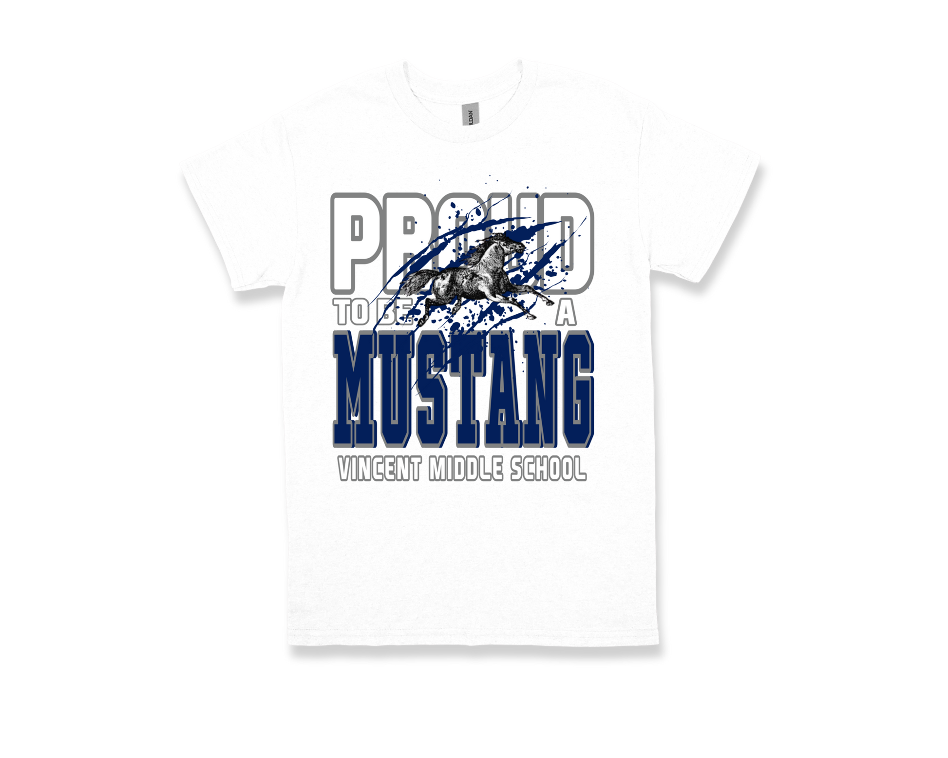 White VINCENT- PROUD TO BE AN MUSTANG t-shirt with blue and grey text and mustang graphic