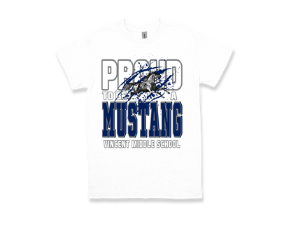 White VINCENT- PROUD TO BE AN MUSTANG t-shirt with blue and grey text and mustang graphic