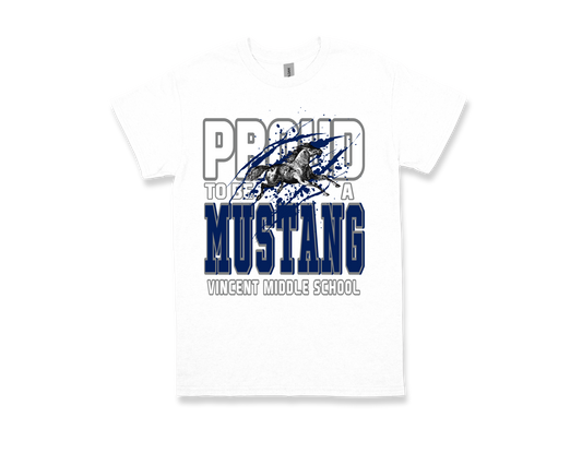 White VINCENT- PROUD TO BE AN MUSTANG t-shirt with blue and grey text and mustang graphic