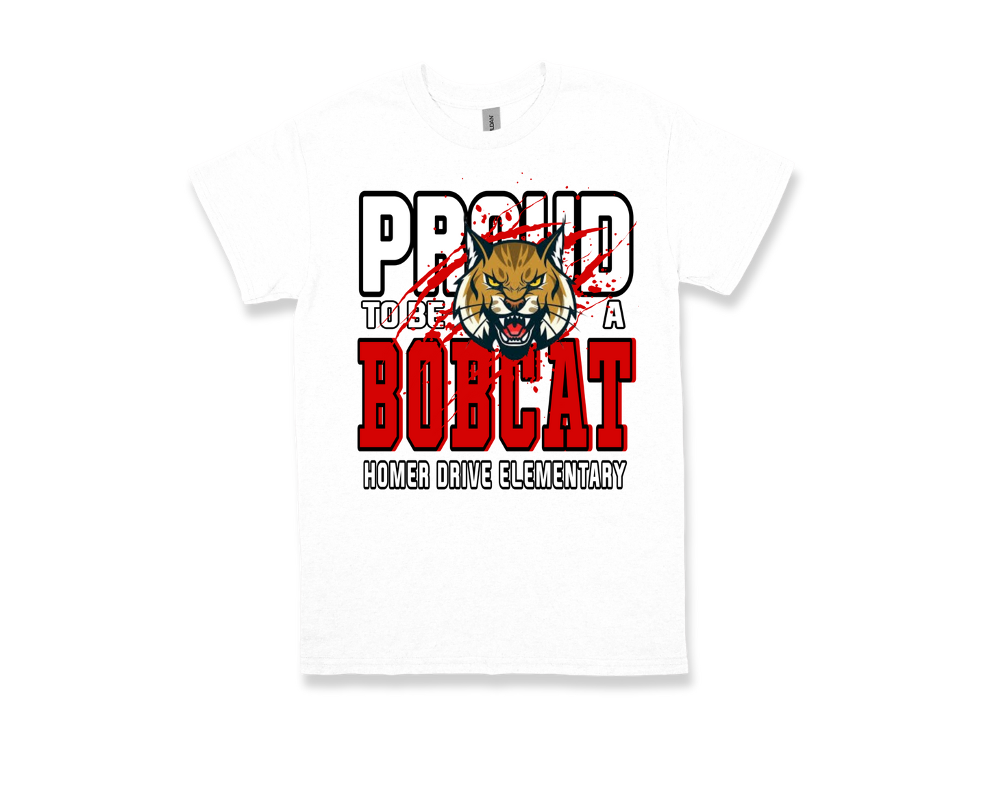 White Homer Drive-PROUD TO BE A BOBCAT t-shirt with bold red and black text and a fierce bobcat emblem
