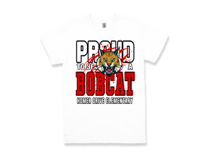 White Homer Drive-PROUD TO BE A BOBCAT t-shirt with bold red and black text and a fierce bobcat emblem