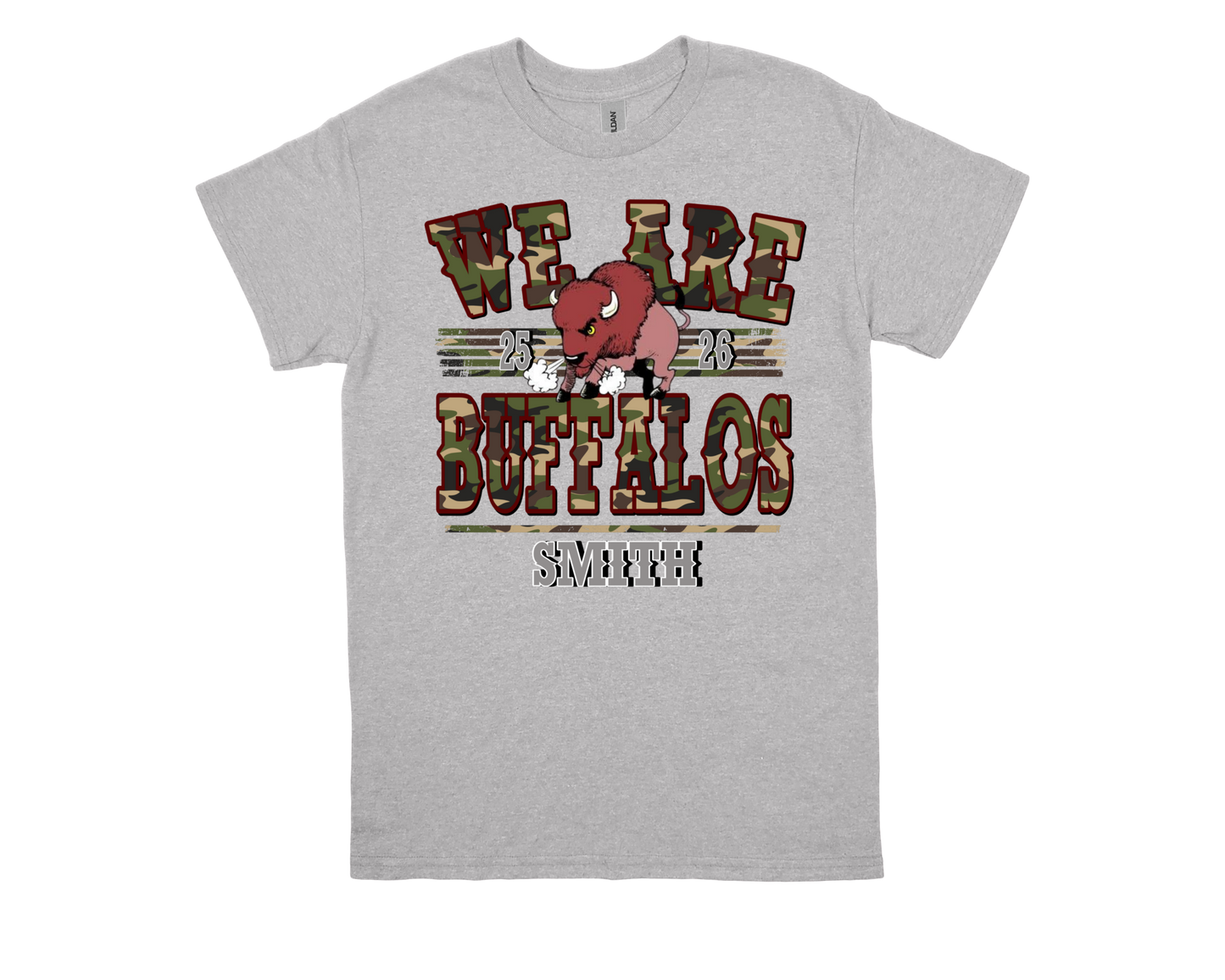 Smith M.S. WE ARE BUFFALOS school spirit grey t-shirt with buffalo graphic and bold text design