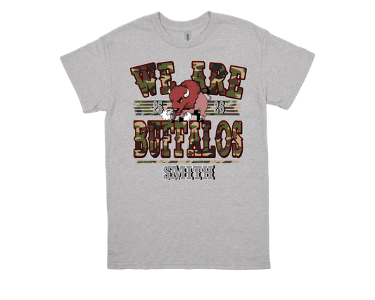 Smith M.S. WE ARE BUFFALOS school spirit grey t-shirt with buffalo graphic and bold text design
