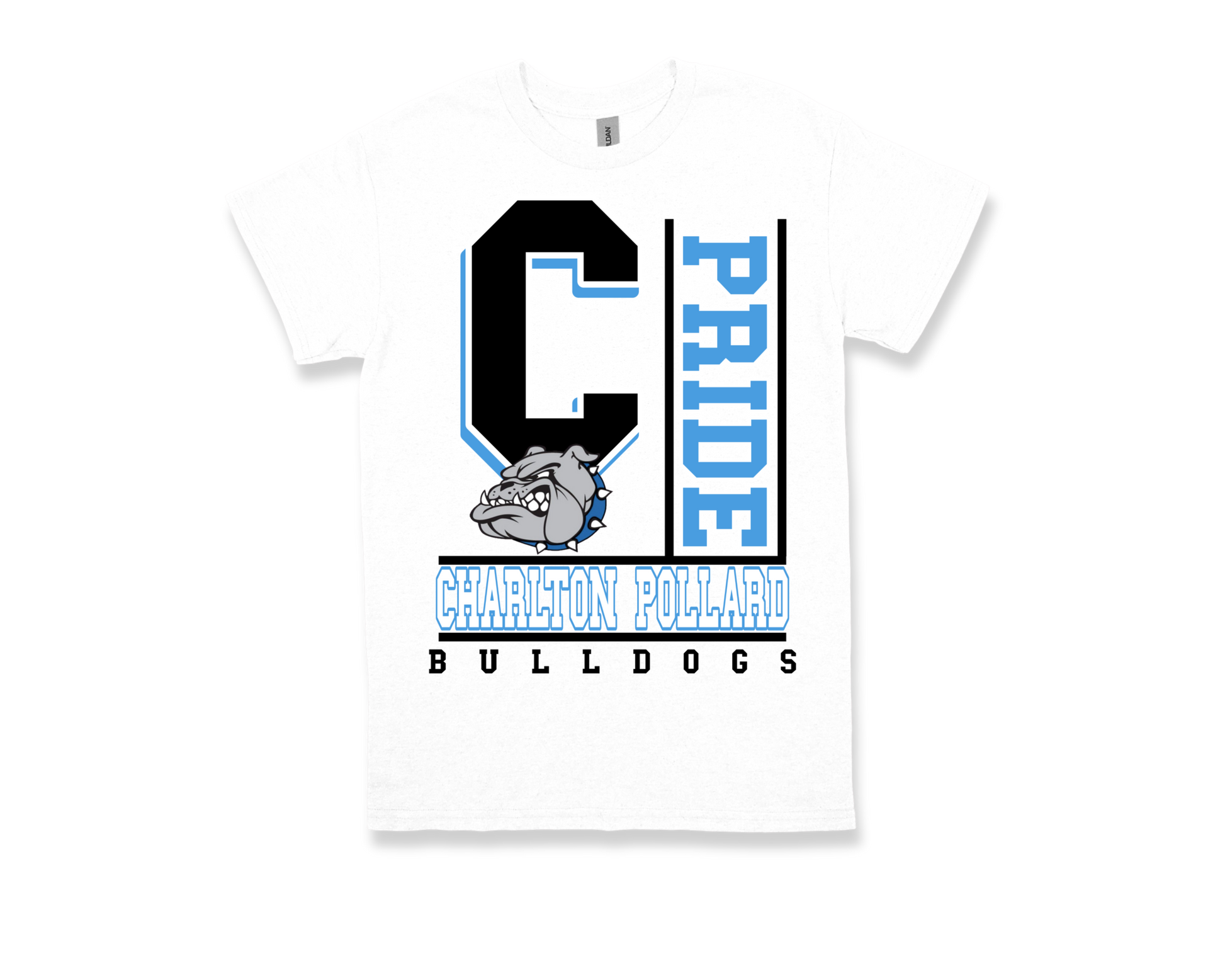 Charlton Pollard PRIDE white shirt with bulldog mascot and school spirit design