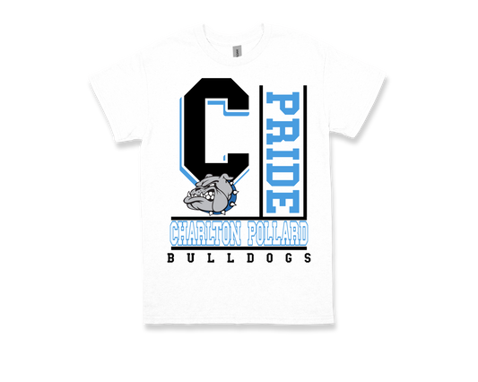 Charlton Pollard PRIDE white shirt with bulldog mascot and school spirit design