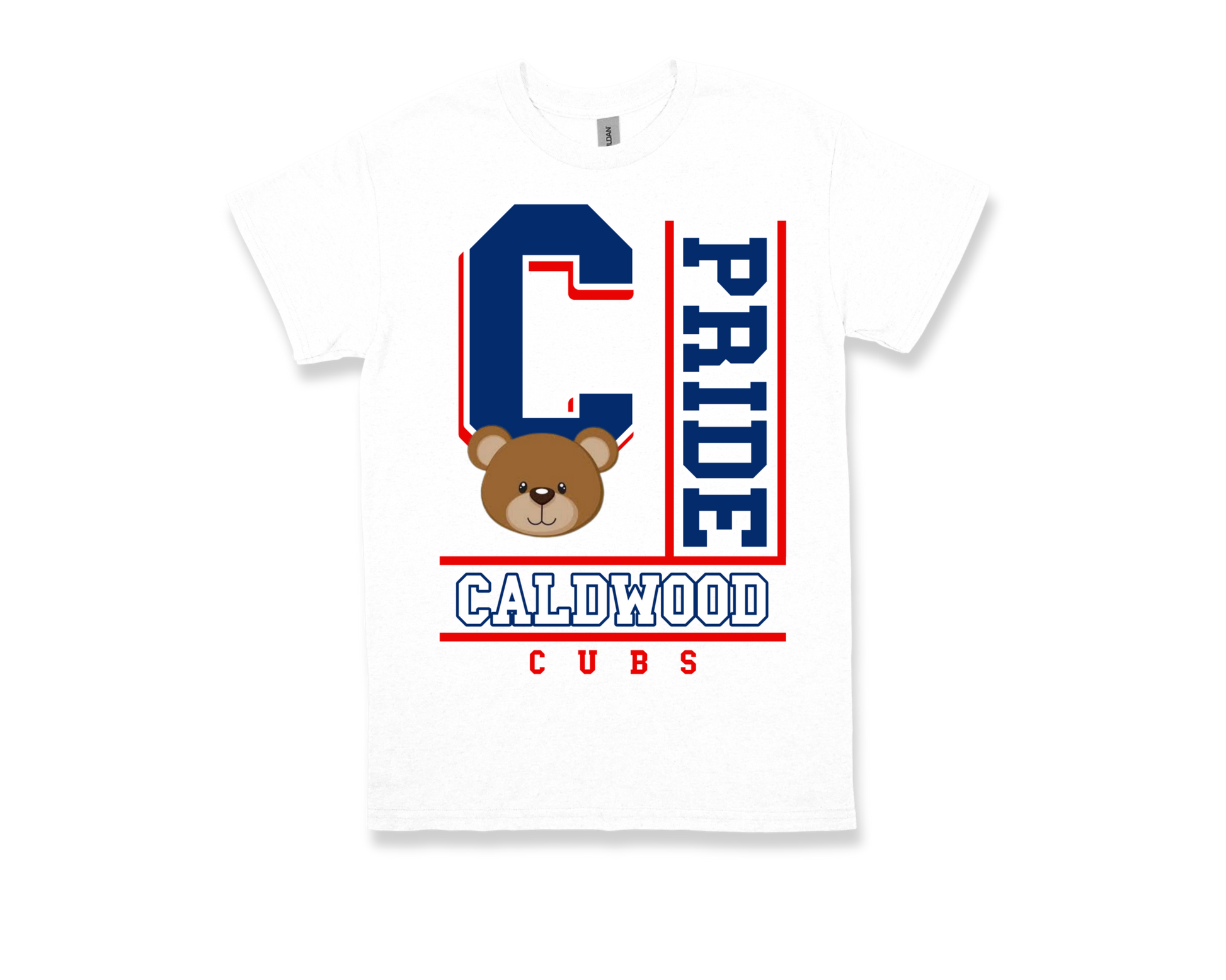 White Caldwood-PRIDE spirit shirt with blue and red lettering and a bear cub graphic