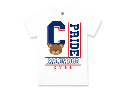 White Caldwood-PRIDE spirit shirt with blue and red lettering and a bear cub graphic
