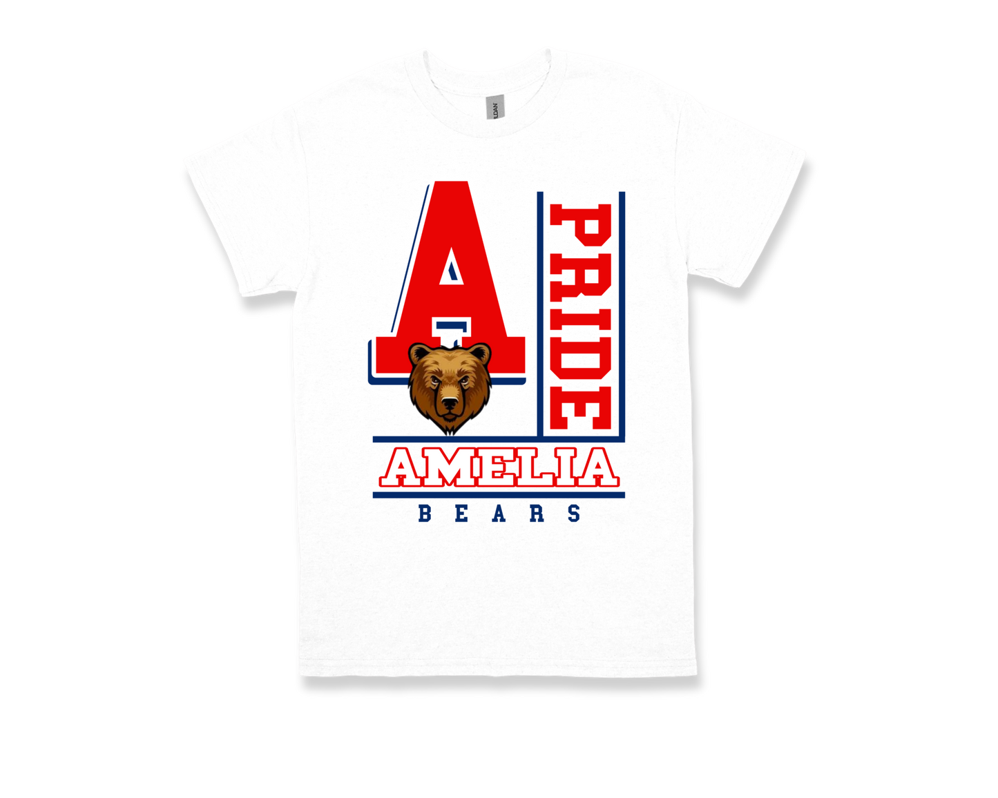Amelia-PRIDE white spirit shirt with red and blue text and bear mascot logo