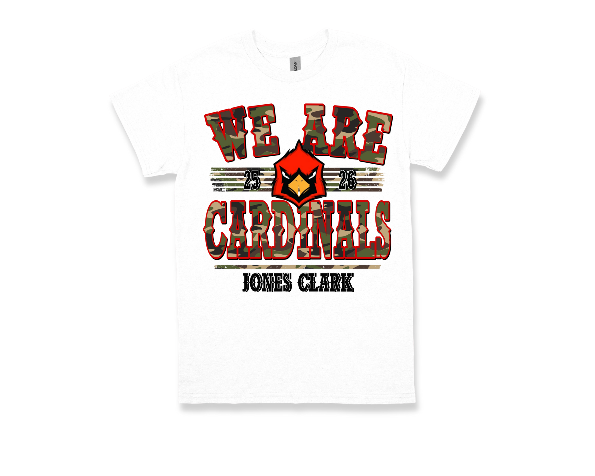 Jones Clark white t-shirt with "WE ARE CARDINALS" text and cardinal mascot logo school spirit design