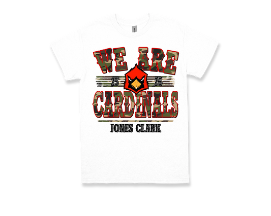 Jones Clark white t-shirt with "WE ARE CARDINALS" text and cardinal mascot logo school spirit design