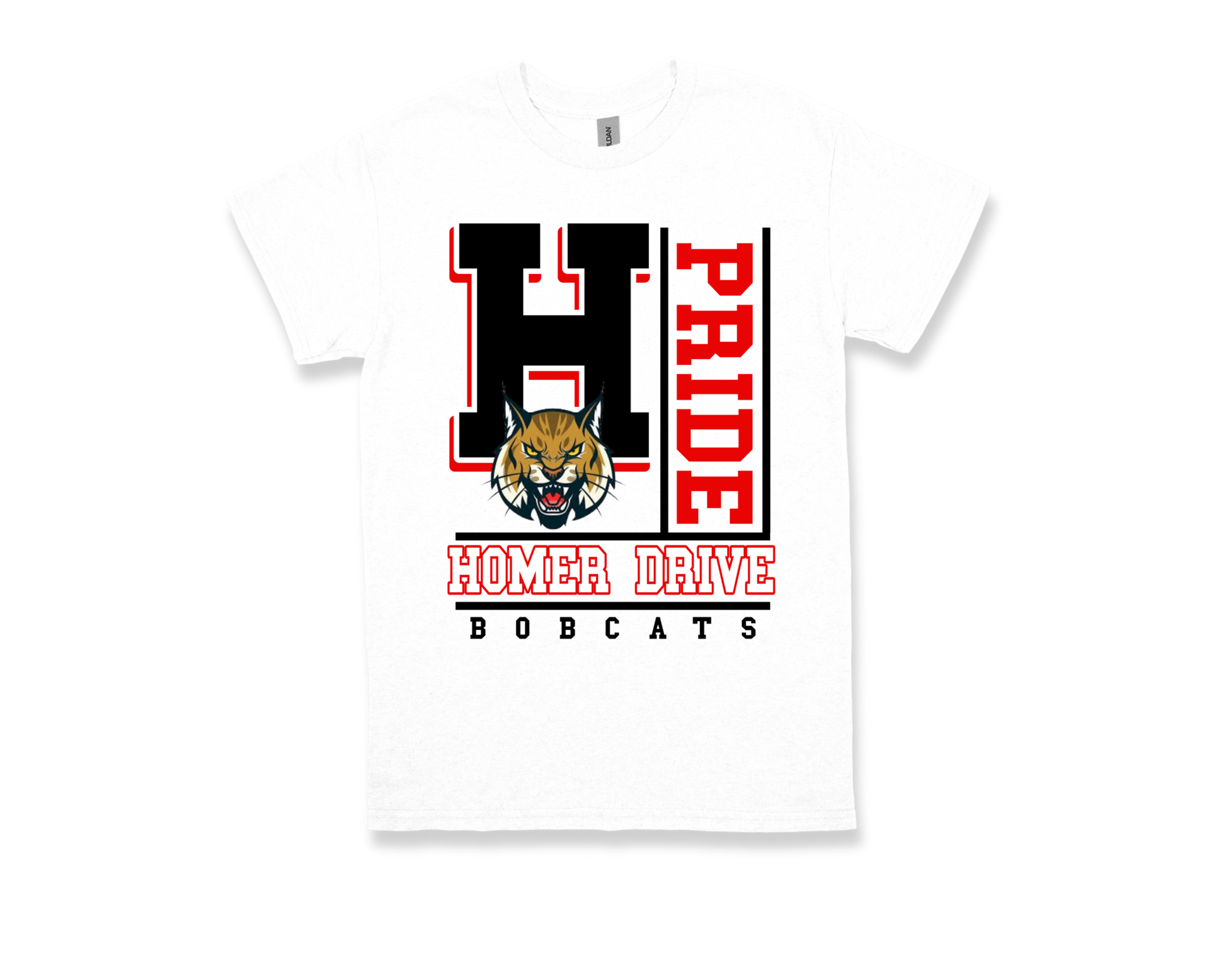 Homer Drive-PRIDE white shirt with black and red text and bobcat mascot logo