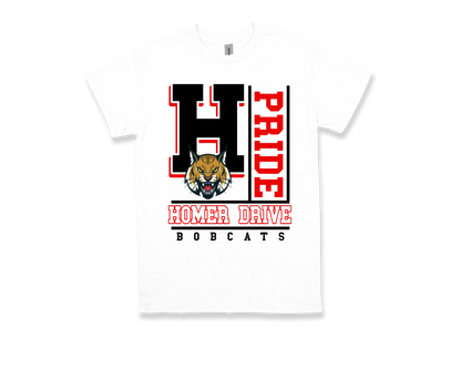 Homer Drive-PRIDE white shirt with black and red text and bobcat mascot logo