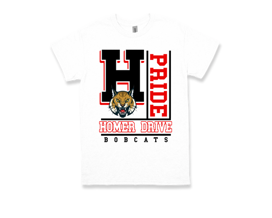 Homer Drive-PRIDE white shirt with black and red text and bobcat mascot logo