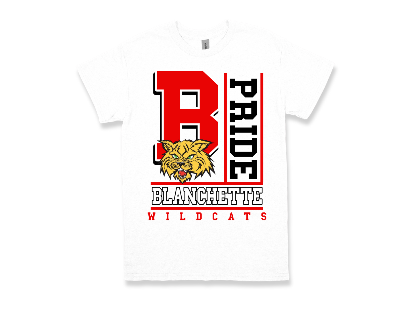 White Blanchette-PRIDE spirit shirt with red and black wildcat logo and text design