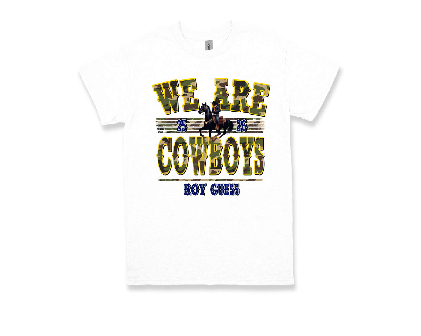 White Roy Guess-WE ARE COWBOYS T-shirt with cowboy graphic and bold lettering design