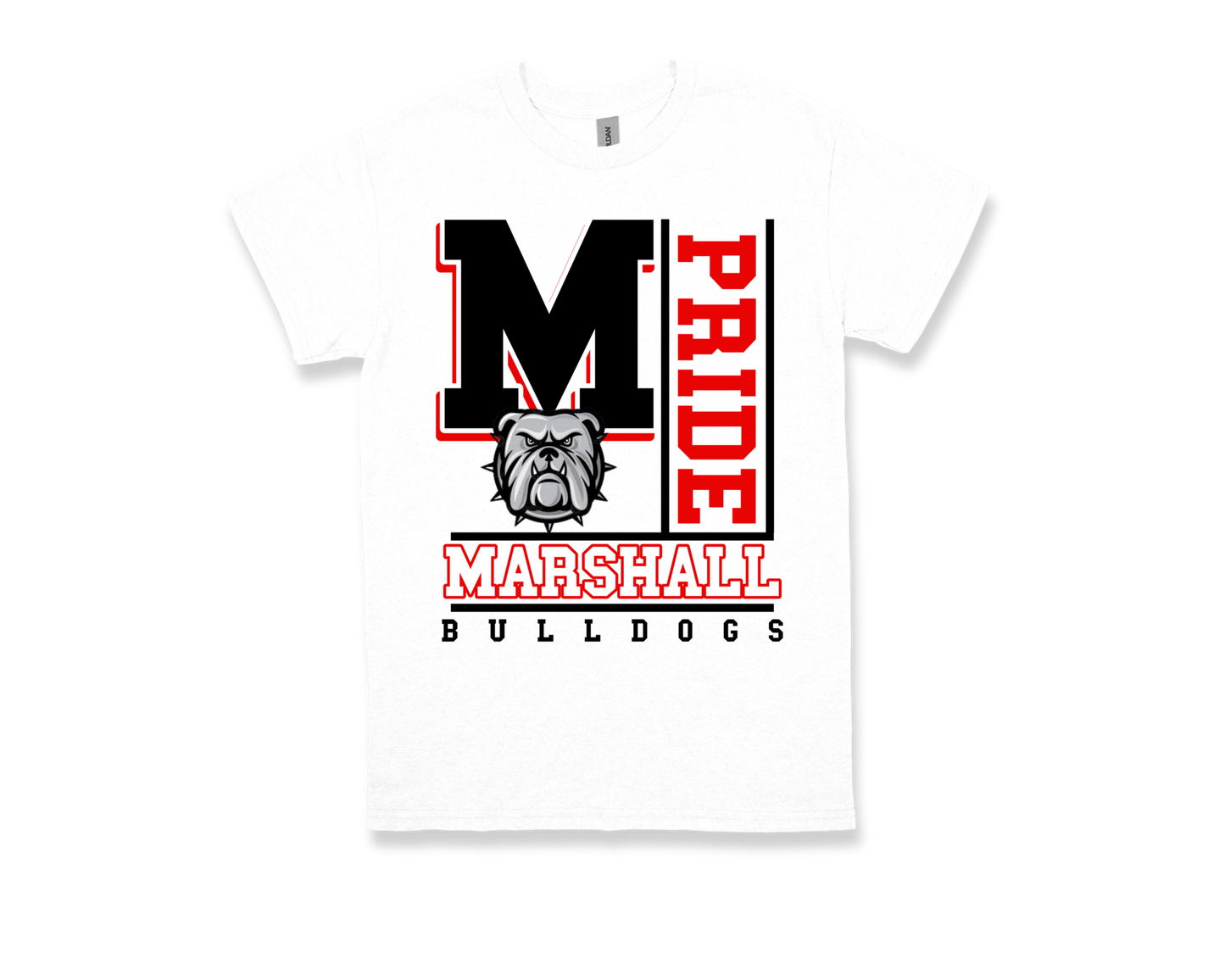 Marshall- PRIDE white spirit shirt with bulldog logo and school pride design