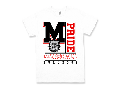 Marshall- PRIDE white spirit shirt with bulldog logo and school pride design