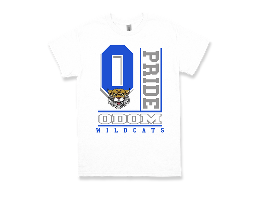 White ODOM- PRIDE spirit shirt with blue and gray wildcat design and text logo
