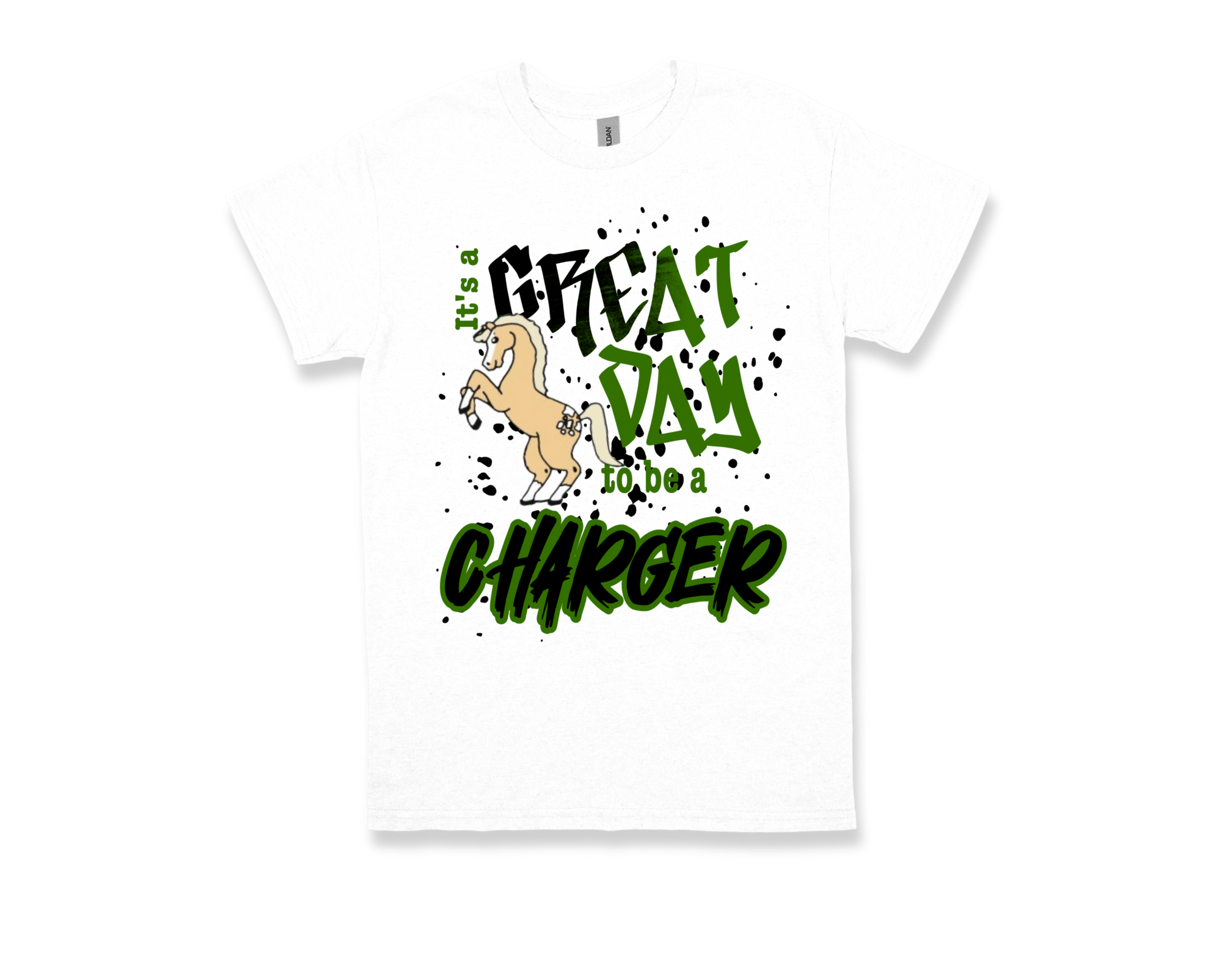 White t-shirt with Regina Howell "Great Day to be a Charger" text and horse graphic design