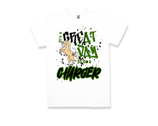 White t-shirt with Regina Howell "Great Day to be a Charger" text and horse graphic design