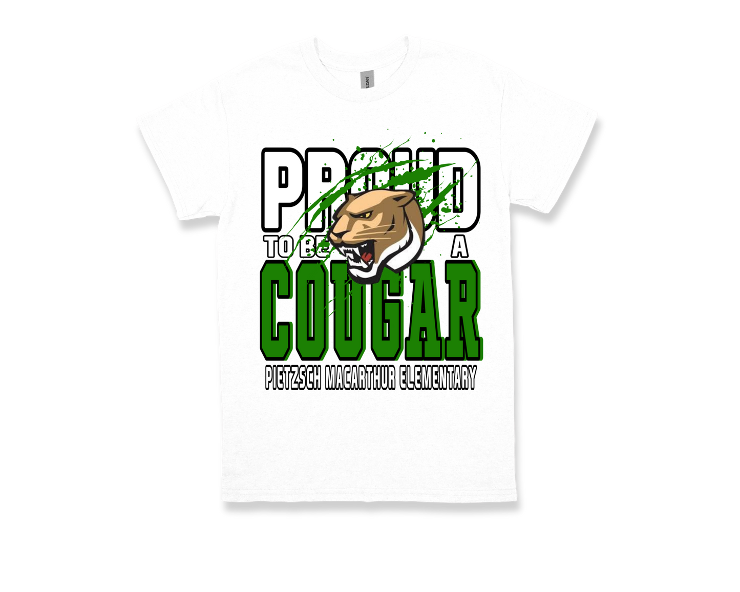 White Pietzsch MacArthur Proud to Be a Cougar school spirit T-shirt with cougar mascot graphic and green text