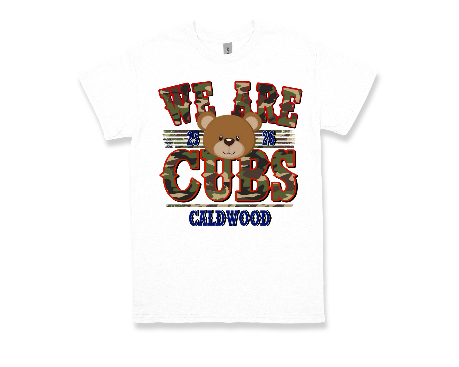 White Caldwood-WE ARE CUBS school spirit t-shirt with camo text and bear graphic