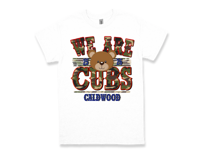 White Caldwood-WE ARE CUBS school spirit t-shirt with camo text and bear graphic