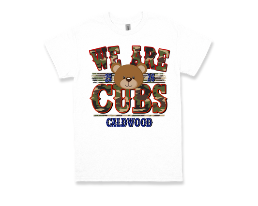 White Caldwood-WE ARE CUBS school spirit t-shirt with camo text and bear graphic