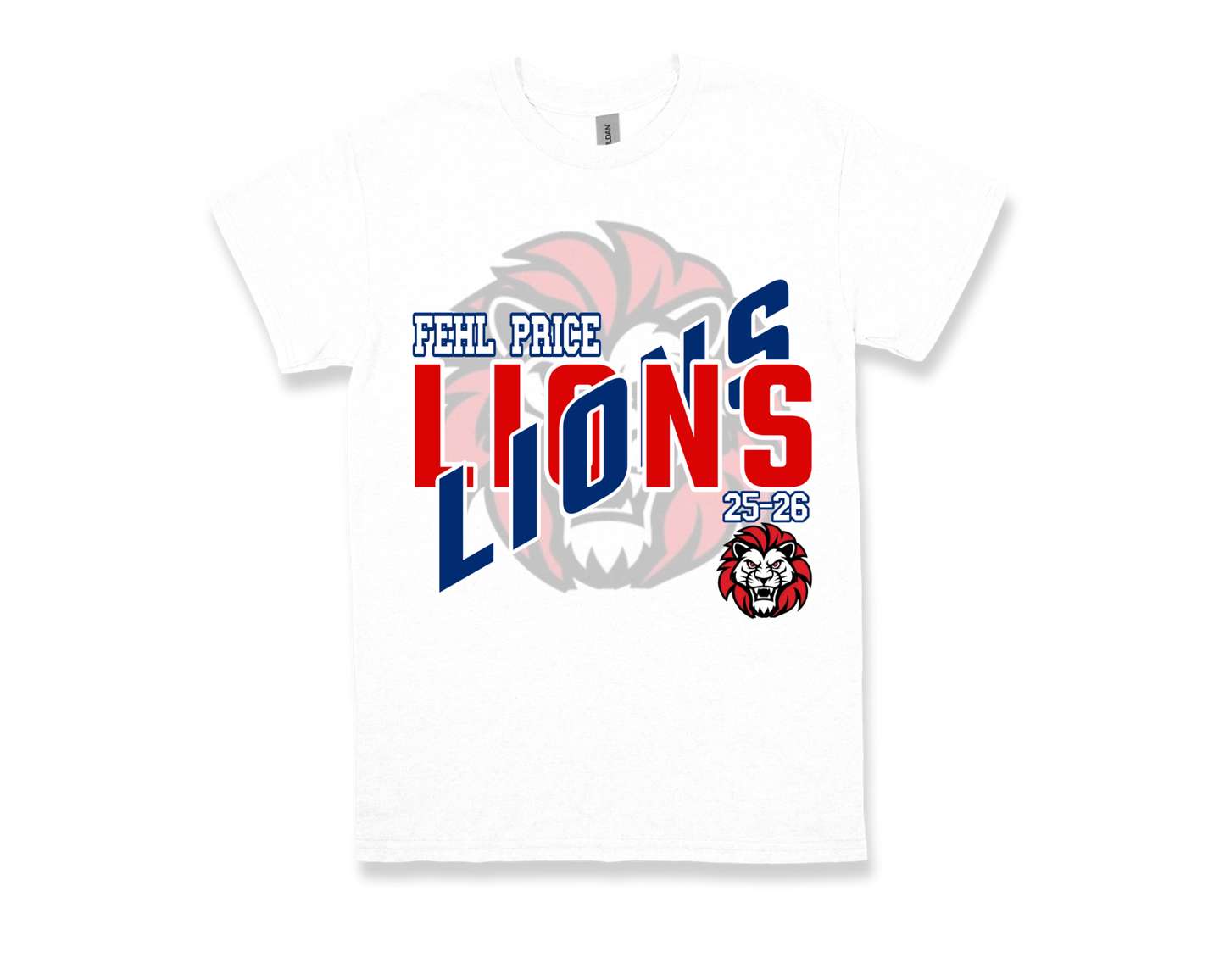 White Fehl Price-LIONS school spirit T-shirt with bold red and blue lion graphic and text design
