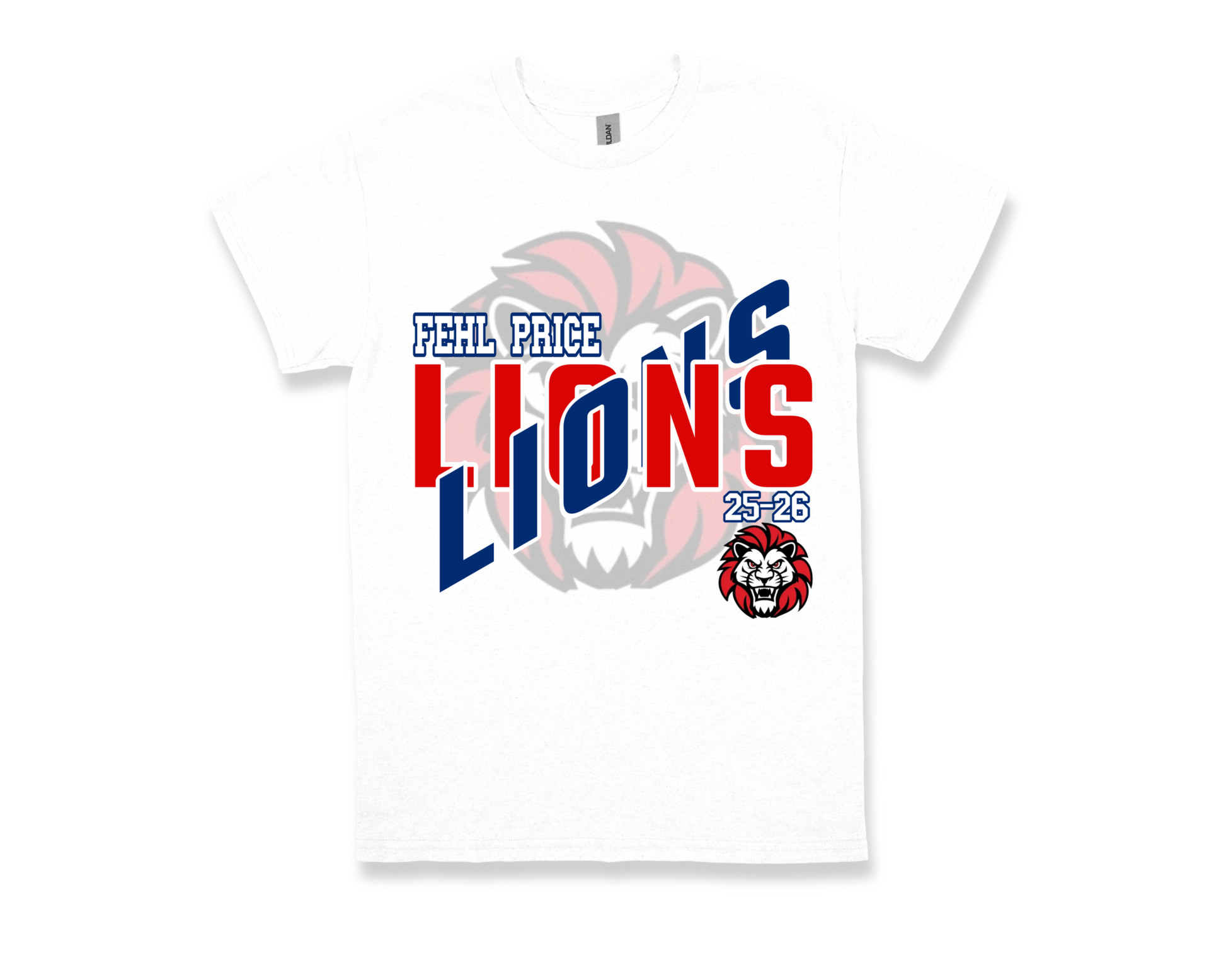 White Fehl Price-LIONS school spirit T-shirt with bold red and blue lion graphic and text design