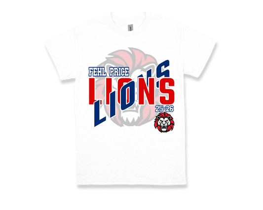 White Fehl Price-LIONS school spirit T-shirt with bold red and blue lion graphic and text design