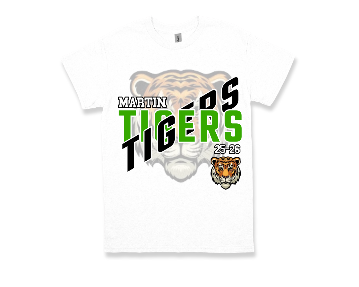 White Martin-TIGERS school spirit t-shirt with green and black text and tiger graphic