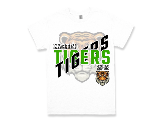 White Martin-TIGERS school spirit t-shirt with green and black text and tiger graphic
