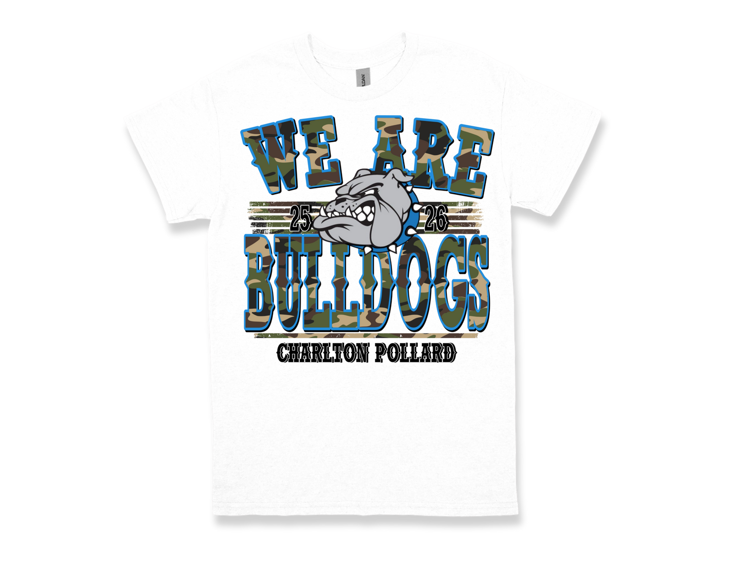 Charlton Pollard white "WE ARE BULLDOGS" spirit shirt with bulldog graphic and camouflage text design
