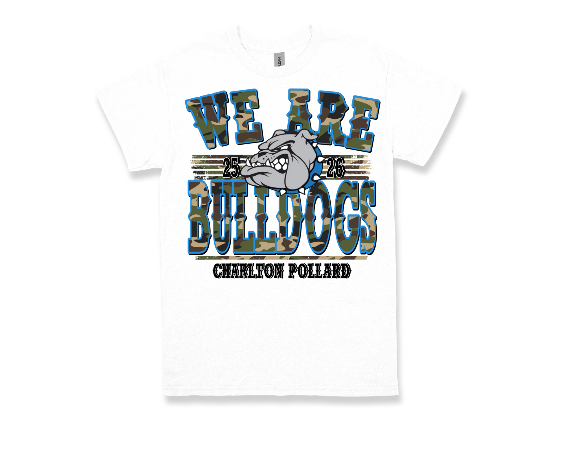 Charlton Pollard white "WE ARE BULLDOGS" spirit shirt with bulldog graphic and camouflage text design