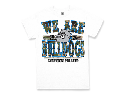 Charlton Pollard white "WE ARE BULLDOGS" spirit shirt with bulldog graphic and camouflage text design